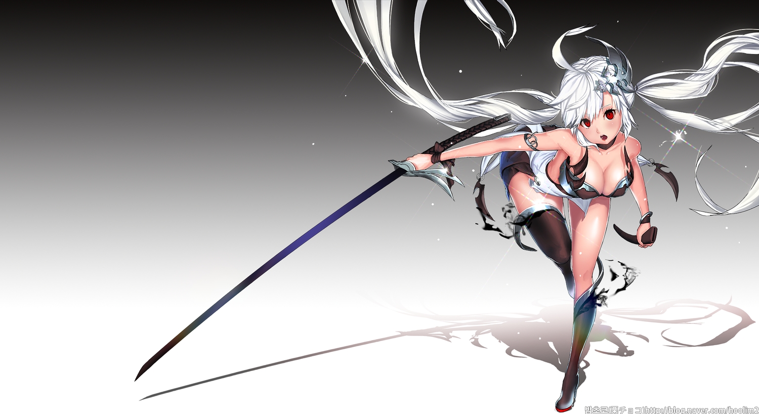 breasts, cleavage, gradient, katana, kuri_choko, long_hair, original, red_eyes, sword, thighhighs, torn_clothes, twintails, watermark, weapon, white_hair