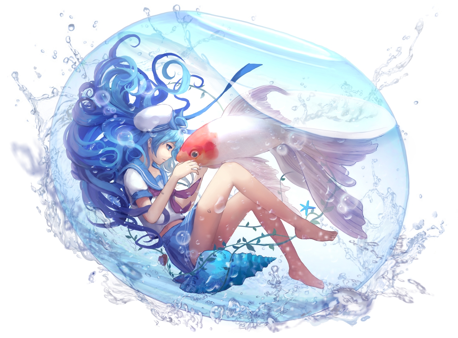 animal, aoiakamaou, barefoot, blue_eyes, blue_hair, bubbles, fish, long_hair