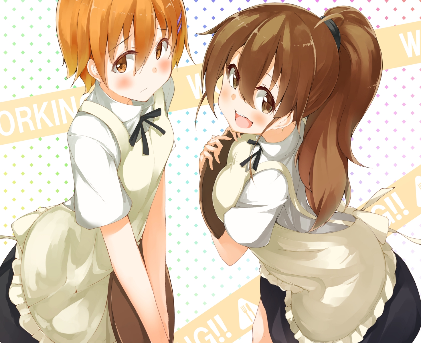2girls, blush, brown_hair, inami_mahiru, okomeito, orange_hair, ponytail, taneshima_popura