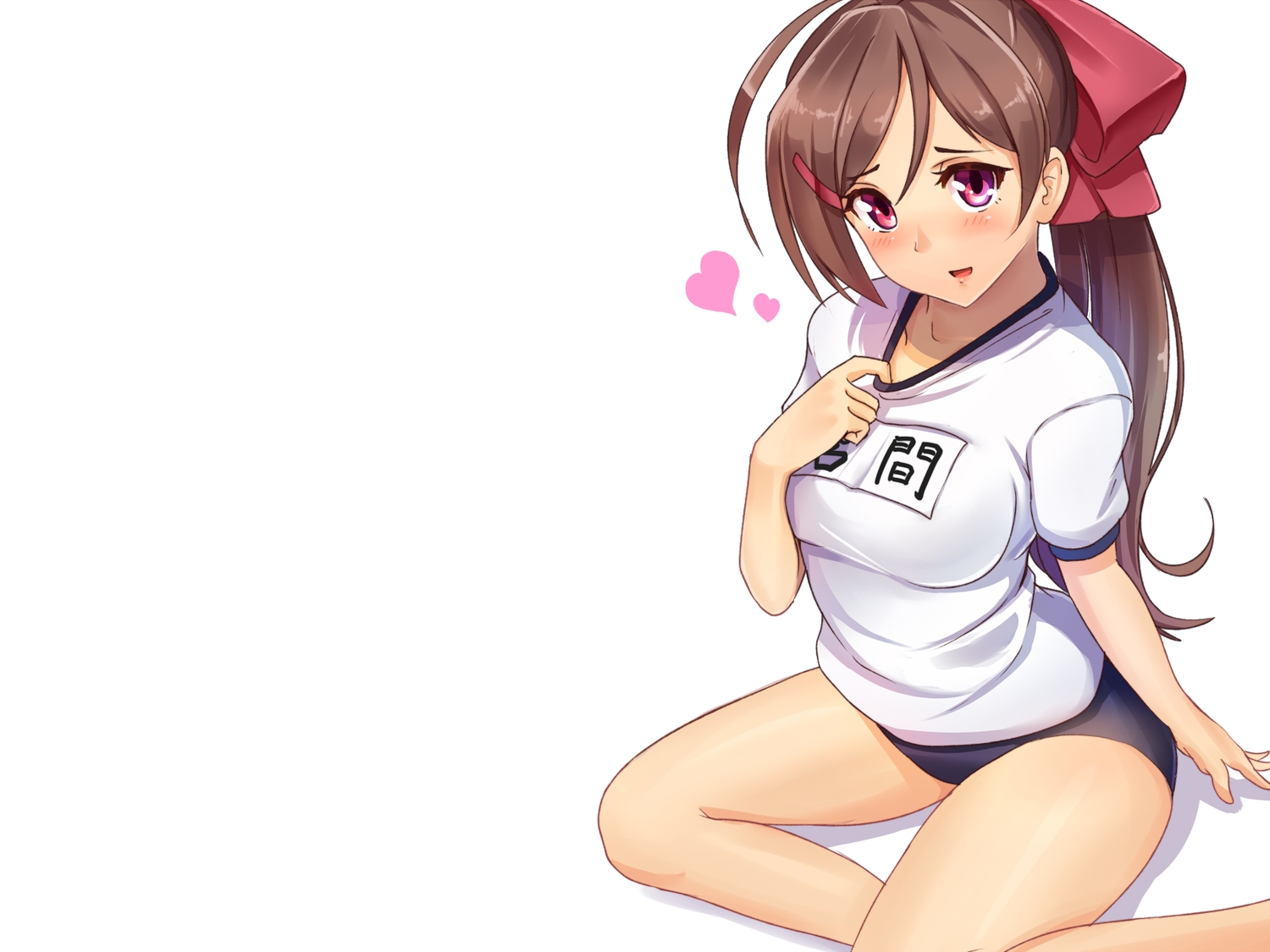 anthropomorphism, bloomers, bow, brown_hair, gym_uniform, kantai_collection, mamiya_(kancolle), pink_eyes, ponytail, seraphwia, white