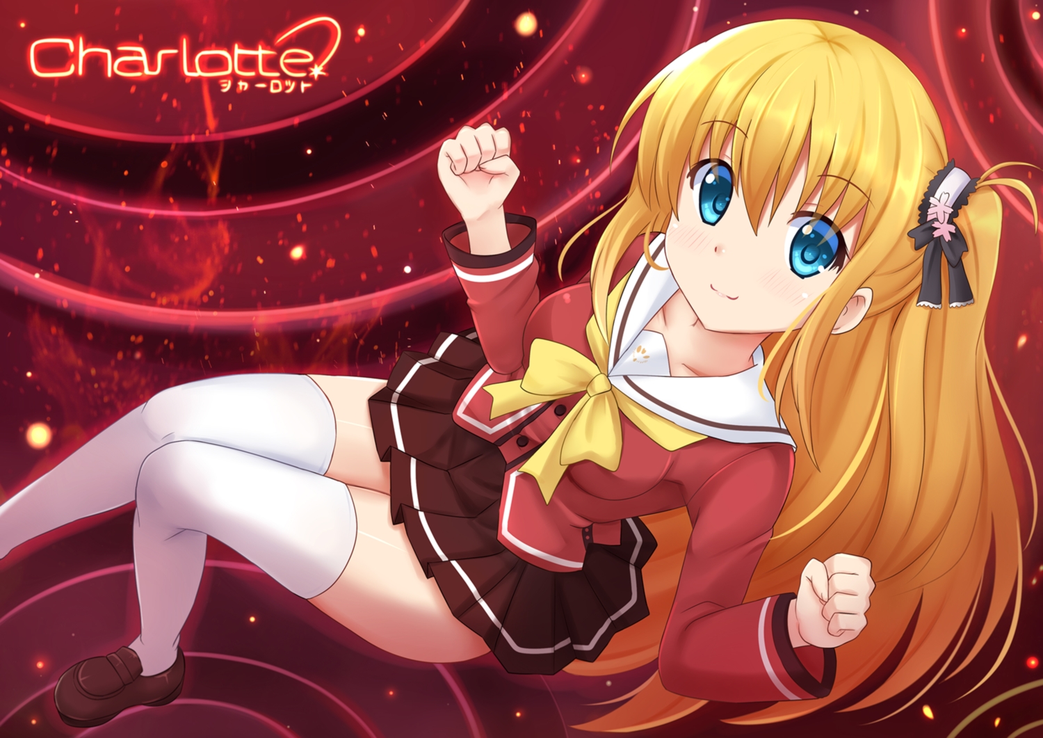 blonde_hair, blue_eyes, bow, charlotte, kazenokaze, logo, long_hair, nishimori_yusa