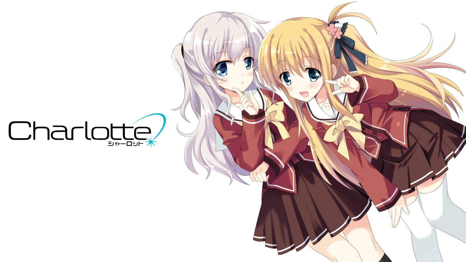 2girls, blonde_hair, blue_eyes, blush, bow, charlotte, gray_hair, hizuki_yayoi