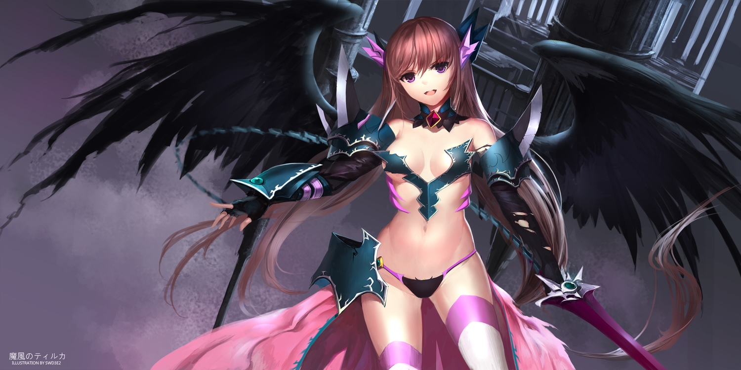 armor, blonde_hair, breasts, cleavage, collar, long_hair, navel, panties, purple_eyes, swd3e2, sword, thighhighs, torn_clothes, tyrca, underboob, underwear, venus_blood, watermark, weapon, wings