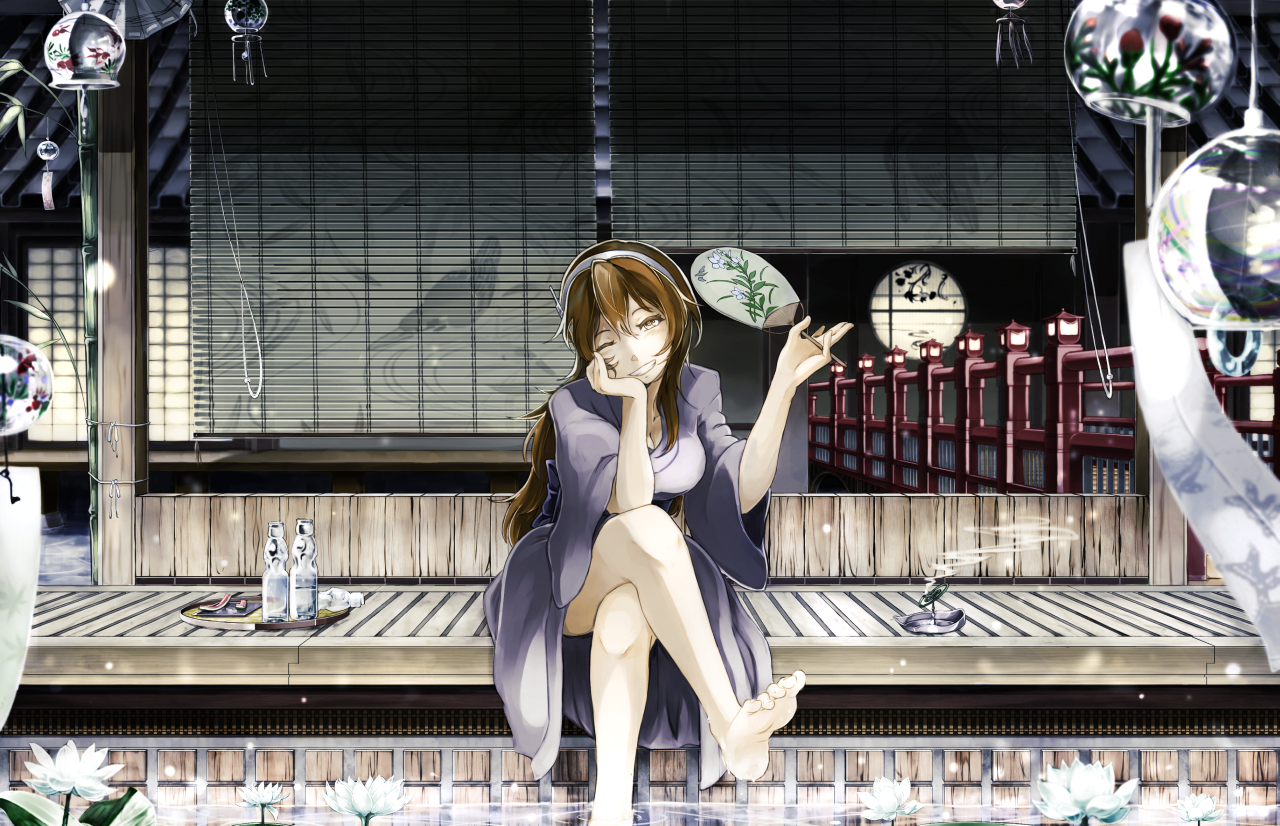 aliasing, anthropomorphism, ashigara_(kancolle), barefoot, brown_hair, fan, flowers, headband