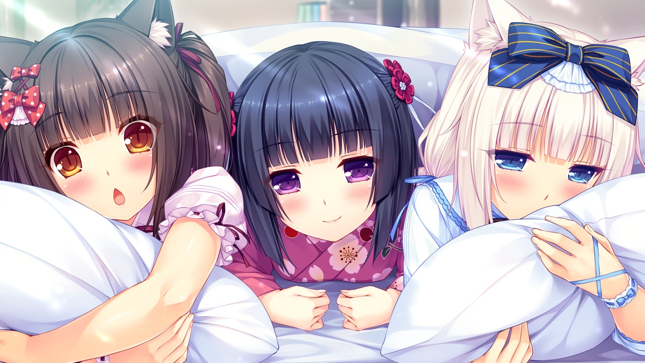 animal_ears, bed, black_hair, blue_eyes, bow, catgirl, chocola_(sayori), game_cg