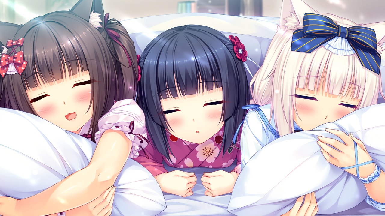 animal_ears, bed, black_hair, blush, bow, catgirl, cat_smile, chocola_(sayori)
