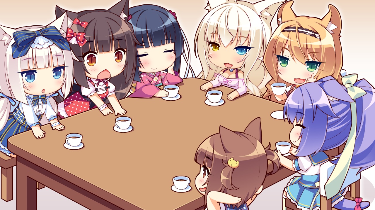 animal_ears, azuki_(sayori), bicolored_eyes, black_hair, blonde_hair, blue_eyes, blue_hair, brown_eyes