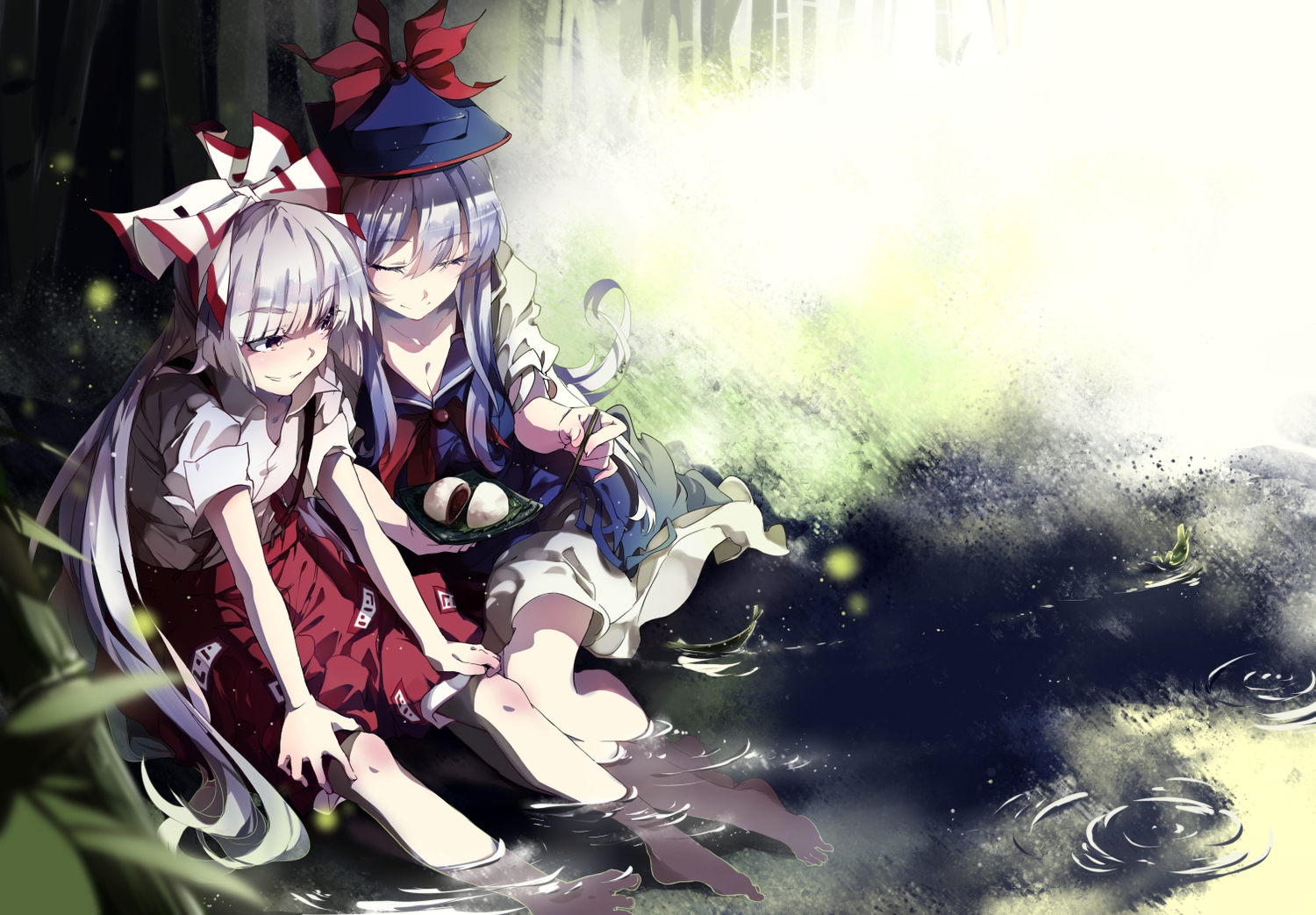2girls, barefoot, bow, food, fujiwara_no_mokou, hat, kamishirasawa_keine, long_hair