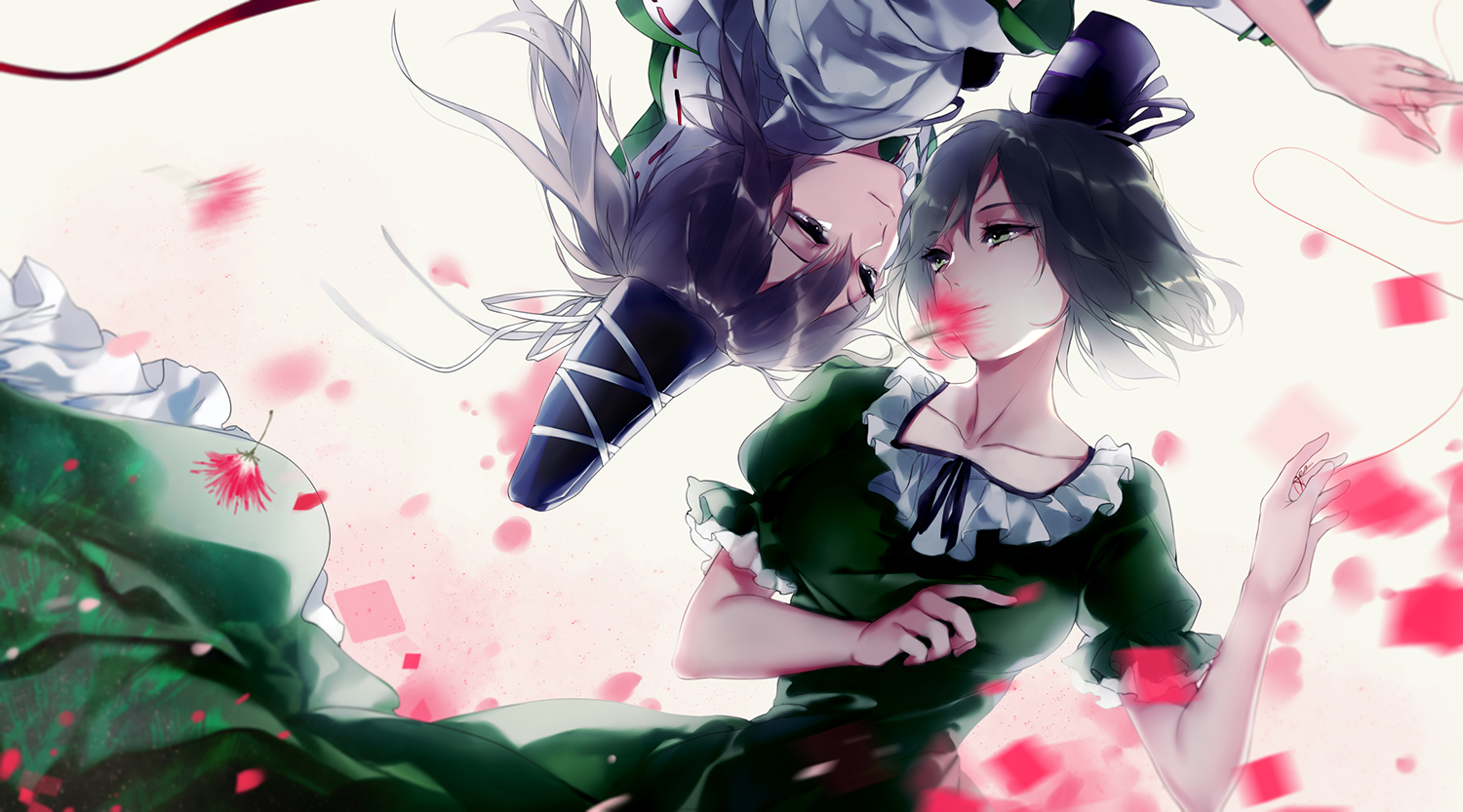 2girls, dress, flowers, hat, hug_(yourhug), mononobe_no_futo, petals, short_hair