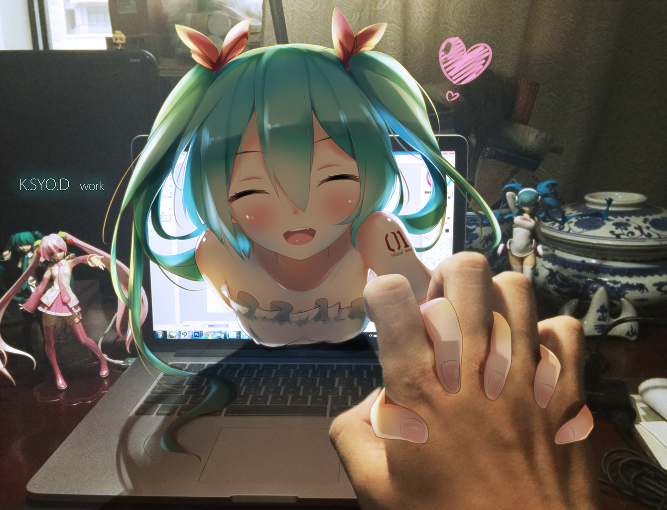 asahi_kuroi, blush, computer, figure, hatsune_miku, heart, photo, sakura_miku, twintails, vocaloid