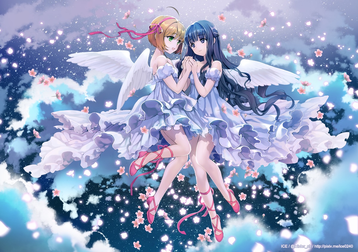 2girls, card_captor_sakura, daidouji_tomoyo, dress, flowers, headband, ice_(ice_aptx), kinomoto_sakura