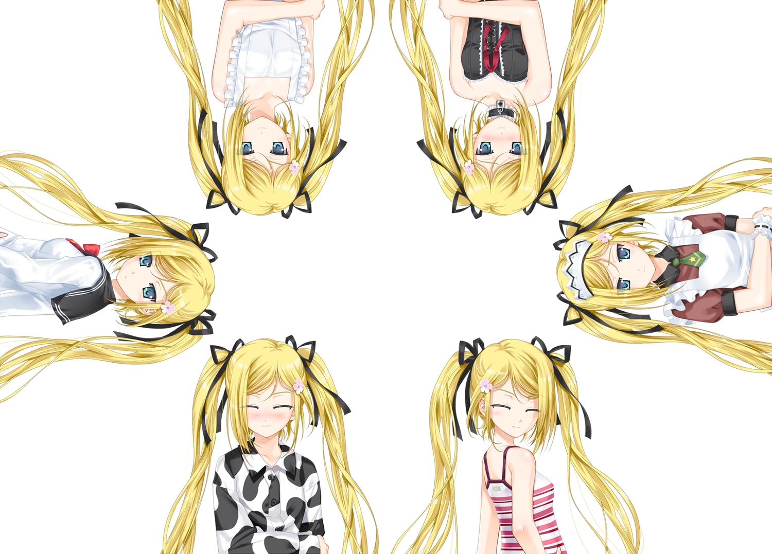 apron, blonde_hair, blue_eyes, blush, happoubi_jin, kanojo_x_kanojo_x_kanojo, long_hair, maid, orifushi_mafuyu, pajamas, school_uniform, tie, twintails, white