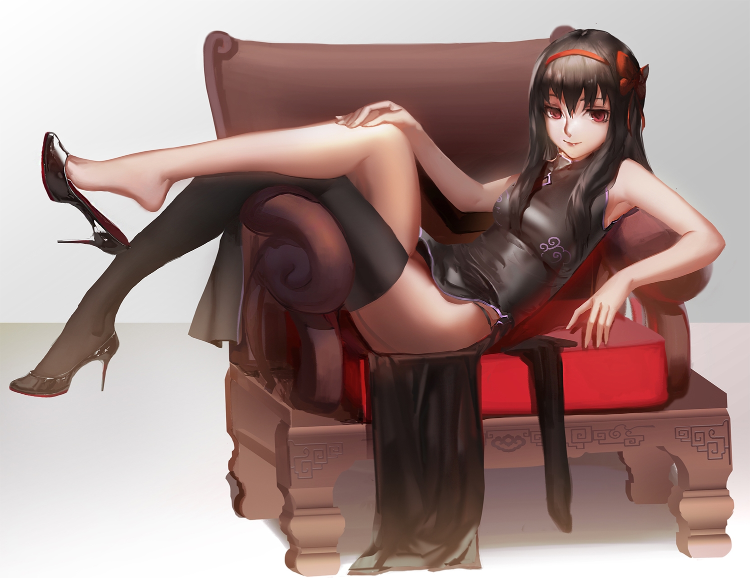 akemi_homura, akuma_homura, black_hair, blackrabbitsoul, chinese_clothes, chinese_dress, dress, gradient
