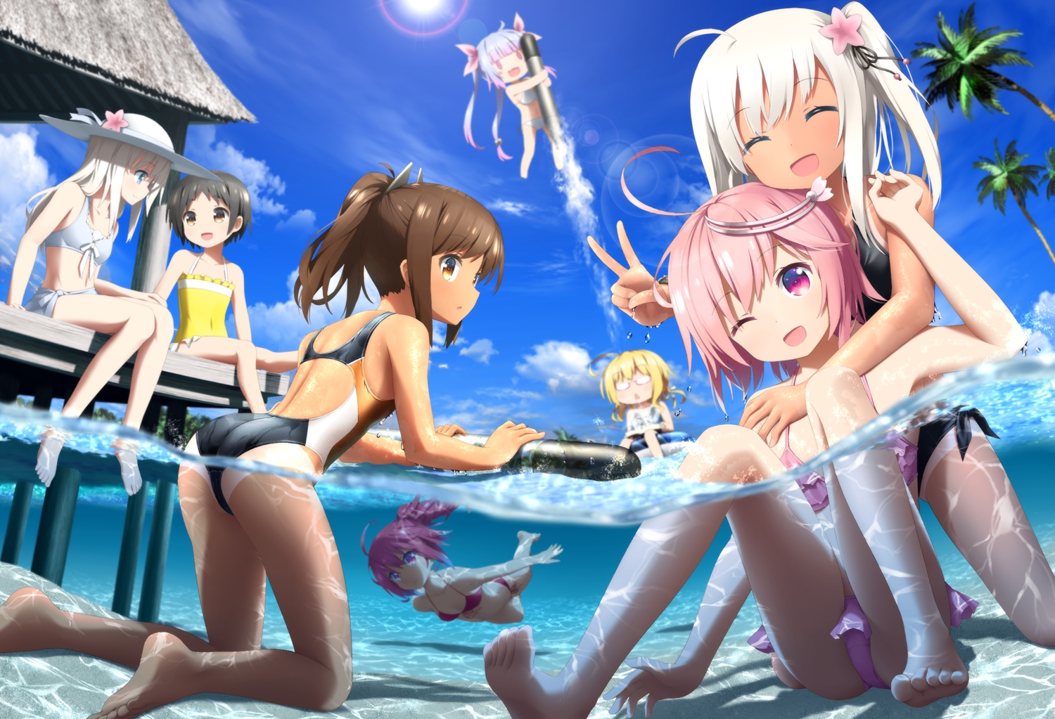 anthropomorphism, ass, barefoot, bikini, glasses, group, haribote_(tarao), i-168_(kancolle), i-19_(kancolle), i-401_(kancolle), i-58_(kancolle), i-8_(kancolle), kantai_collection, maru-yu_(kancolle), ro-500_(kancolle), swimsuit, tan_lines, water, wet