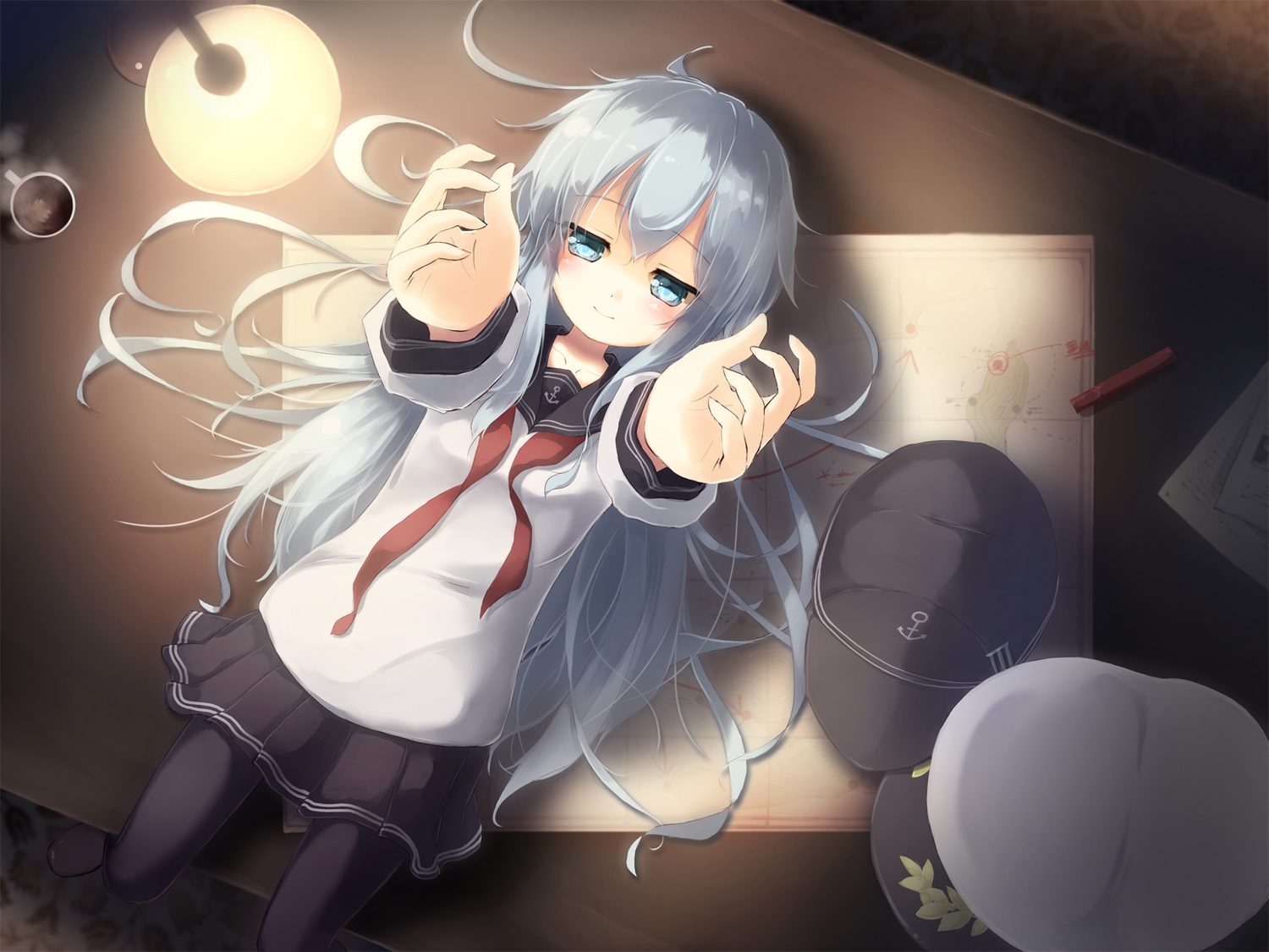 anthropomorphism, blue_eyes, gengetsu_chihiro, gray_hair, hat, hibiki_(kancolle), kantai_collection, long_hair