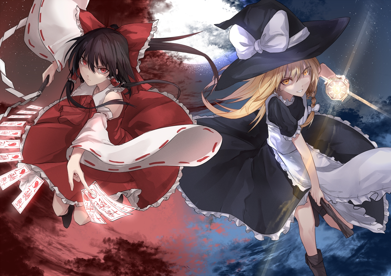 2girls, bow, braids, eisuto, hakurei_reimu, hat, japanese_clothes, kirisame_marisa