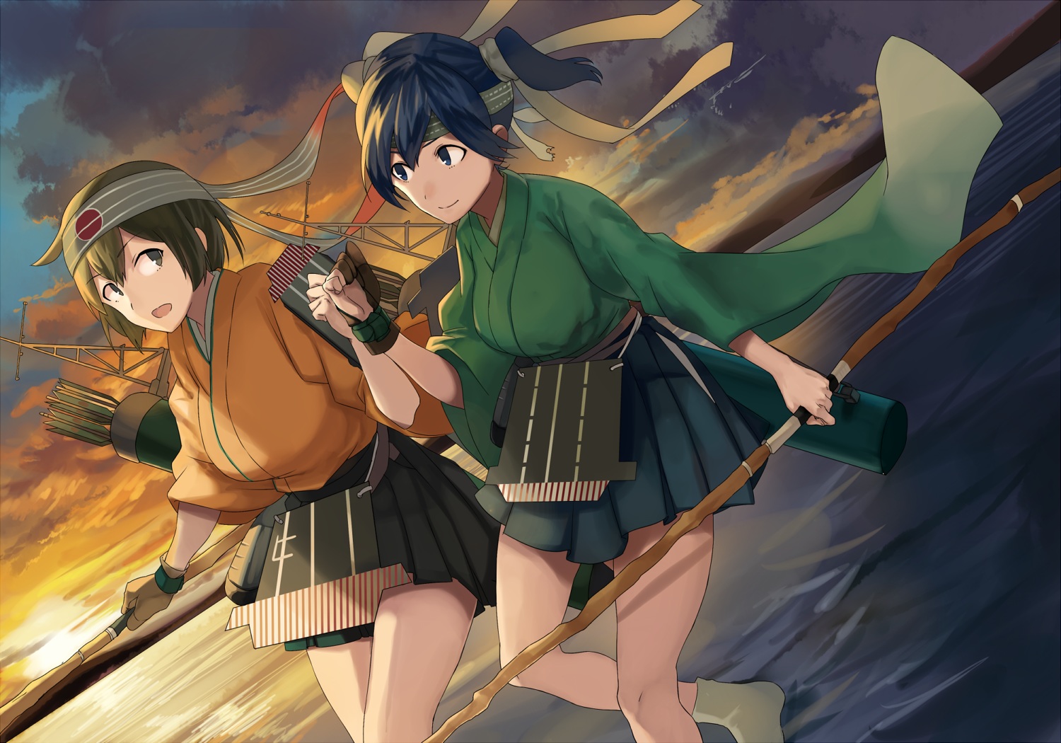 2girls, anthropomorphism, ashiwara_yuu, bow_(weapon), gloves, headband, hiryuu_(kancolle), japanese_clothes, kantai_collection, short_hair, skirt, socks, souryuu_(kancolle), water, weapon
