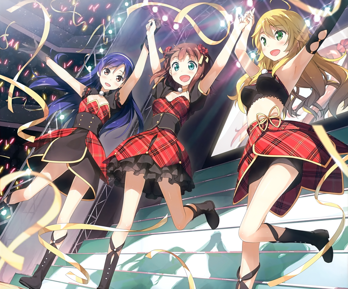 5_nenme_no_houkago, amami_haruka, blush, boots, corset, dress, hoshii_miki, idolmaster, kantoku, kisaragi_chihaya, ribbons, scan, skirt