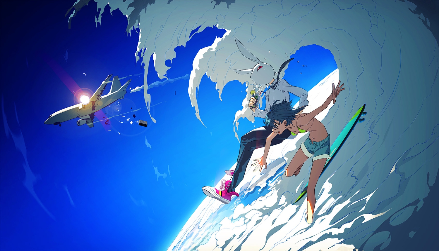 aircraft, animal_ears, bikini_top, bunny_ears, clouds, mask, navel, original