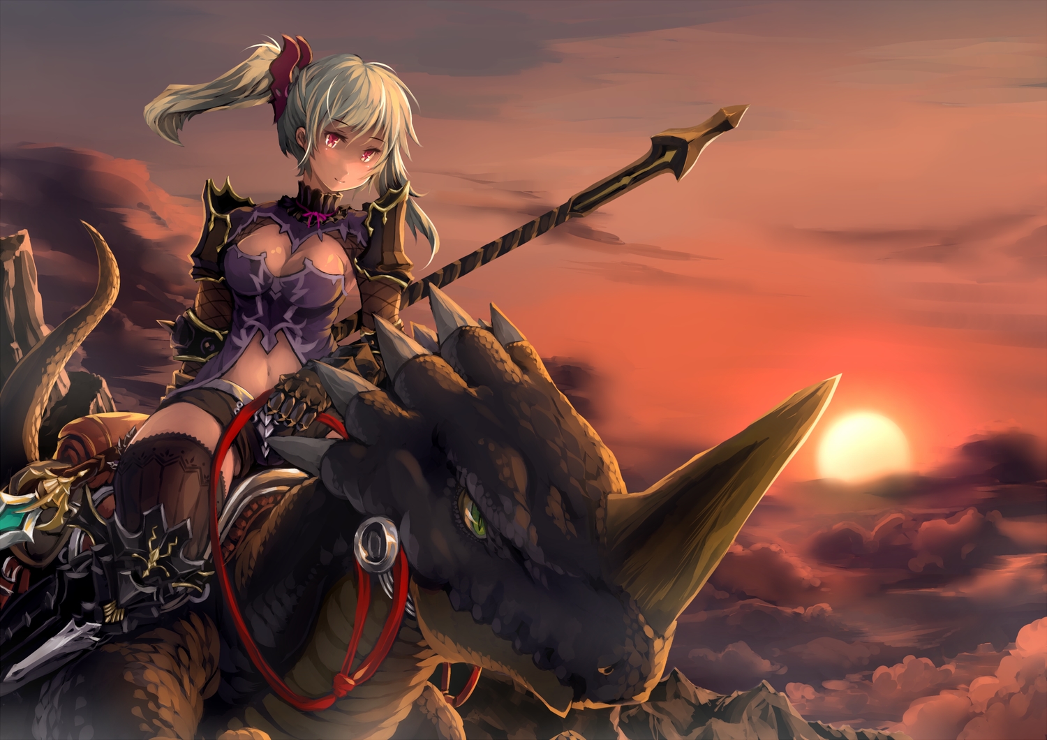 armor, breasts, cleavage, dark_skin, long_hair, red_eyes, sennen_sensou_aigis, sunset