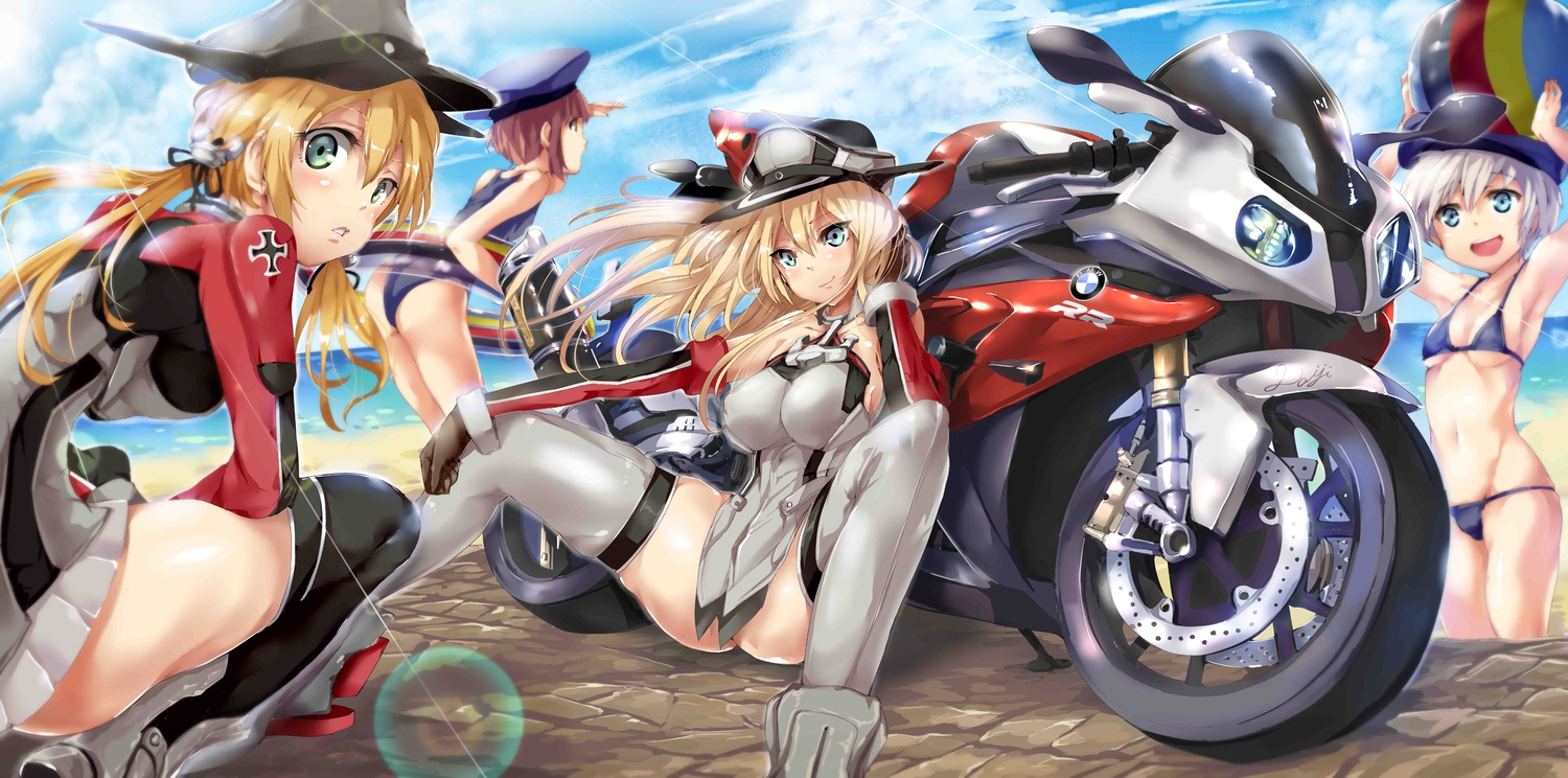 anthropomorphism, bikini, bismarck_(kancolle), blonde_hair, breasts, group, hat, jpeg_artifacts, kantai_collection, long_hair, motorcycle, prinz_eugen_(kancolle), satou_daiji, short_hair, spread_legs, swimsuit, thighhighs, z1_leberecht_maass_(kancolle), z3_max_schultz_(kancolle)