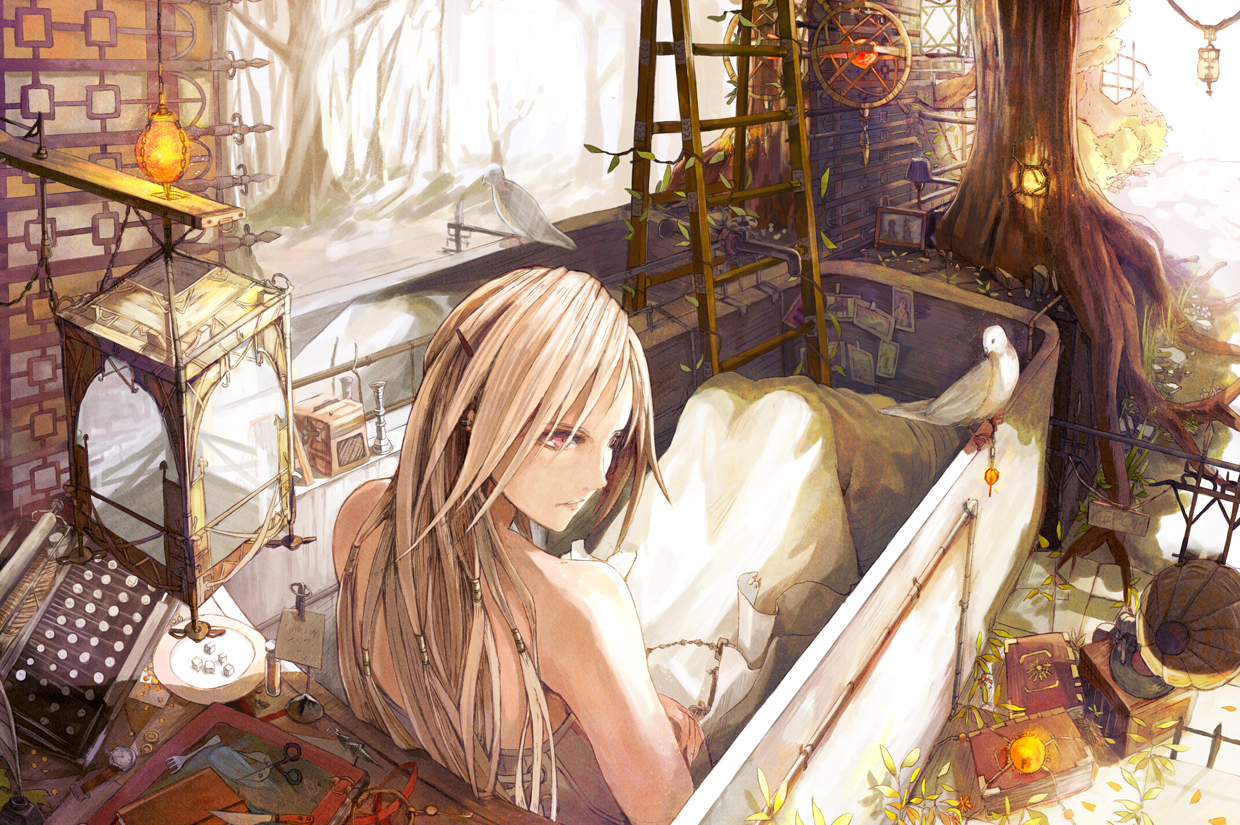 bath, bathtub, blonde_hair, long_hair, original, toufu_koubou, tree