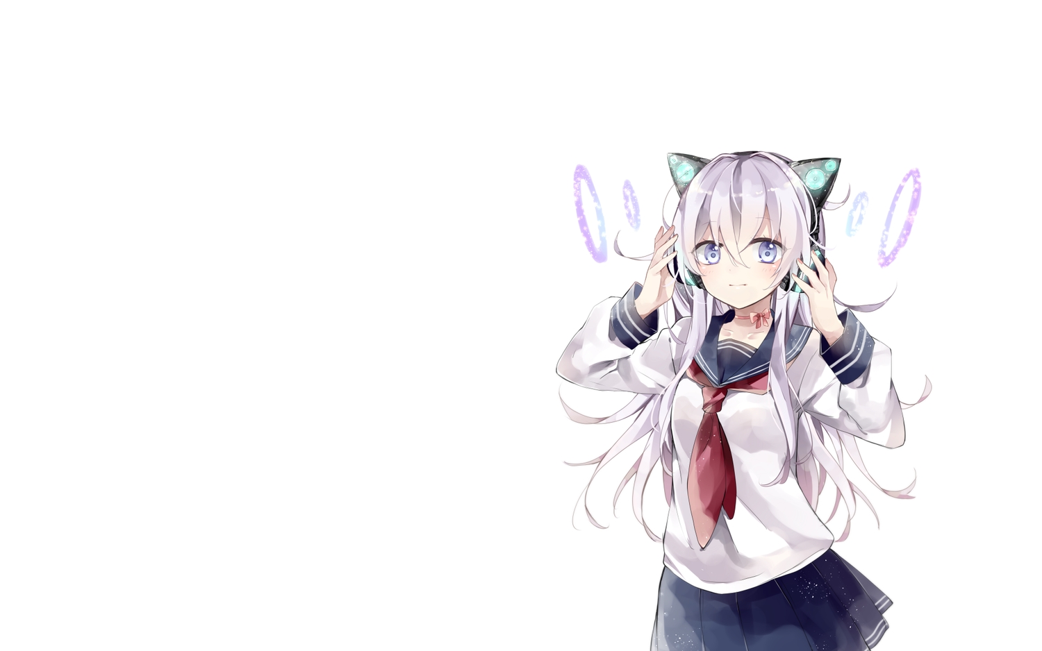 anthropomorphism, headphones, hibiki_(kancolle), kantai_collection, long_hair, purple_eyes, school_uniform, shijima_(sjmr02), white, white_hair