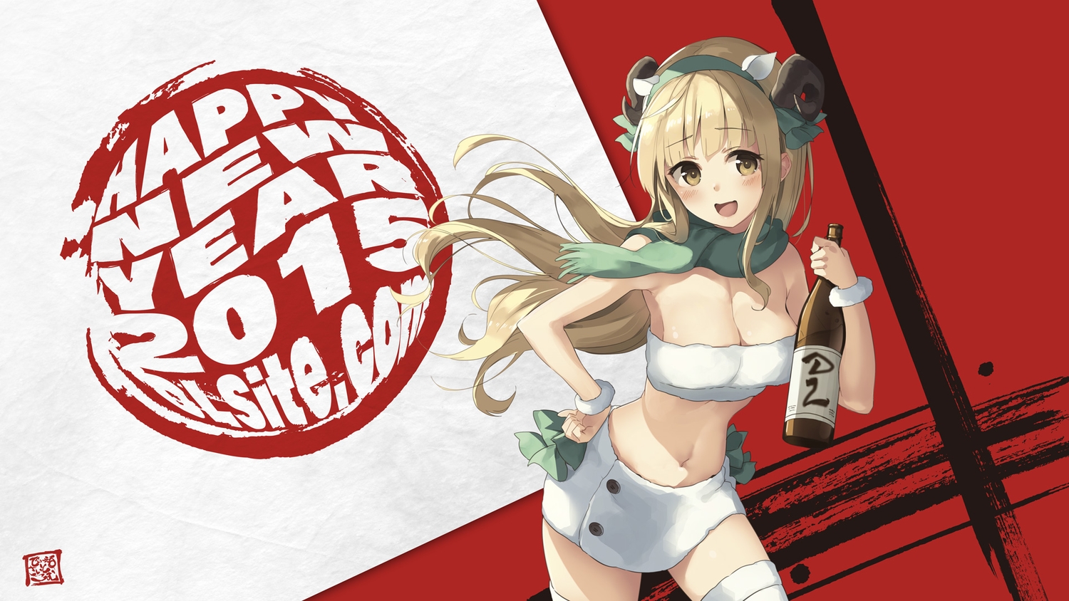 blonde_hair, breasts, cleavage, dille_blood, dlsite.com, drink, headband, horns