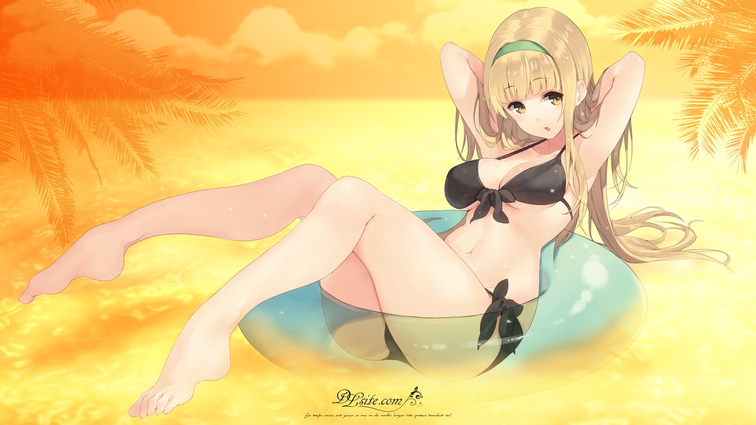 barefoot, bikini, blonde_hair, breasts, dille_blood, dlsite.com, headband, long_hair, original, paseri, swim_ring, swimsuit, yellow_eyes