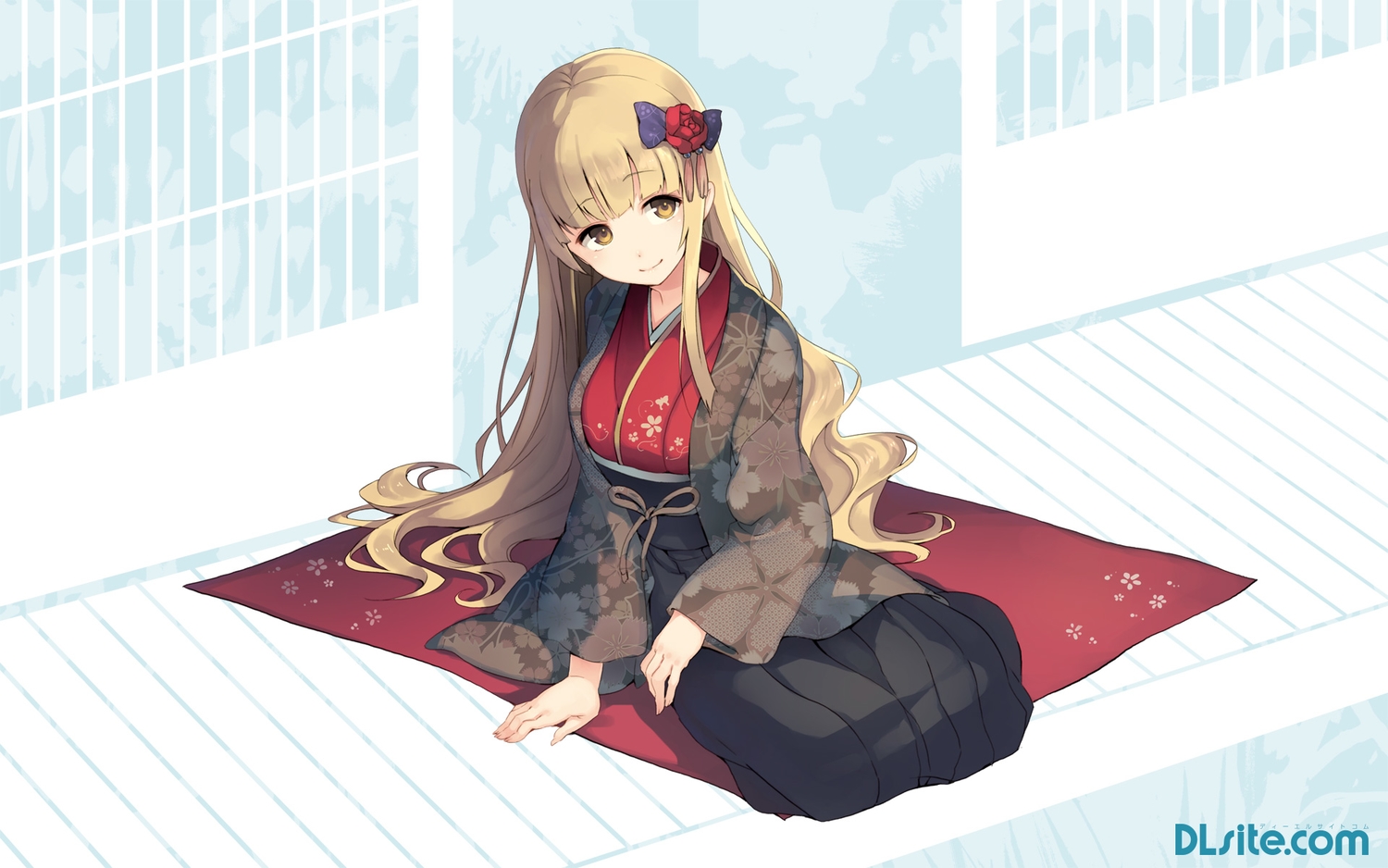blonde_hair, dille_blood, dlsite.com, headdress, japanese_clothes, kimono, long_hair, original, paseri, yellow_eyes