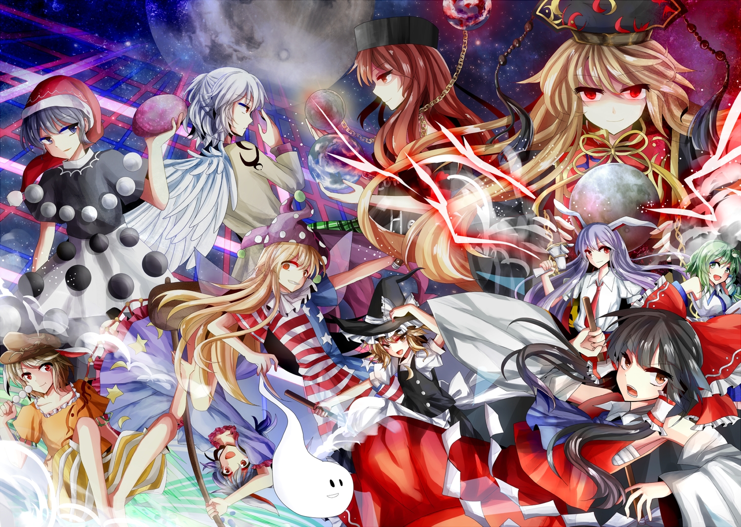 animal_ears, bunny_ears, bunnygirl, clownpiece, doremy_sweet, fairy, group, hakurei_reimu