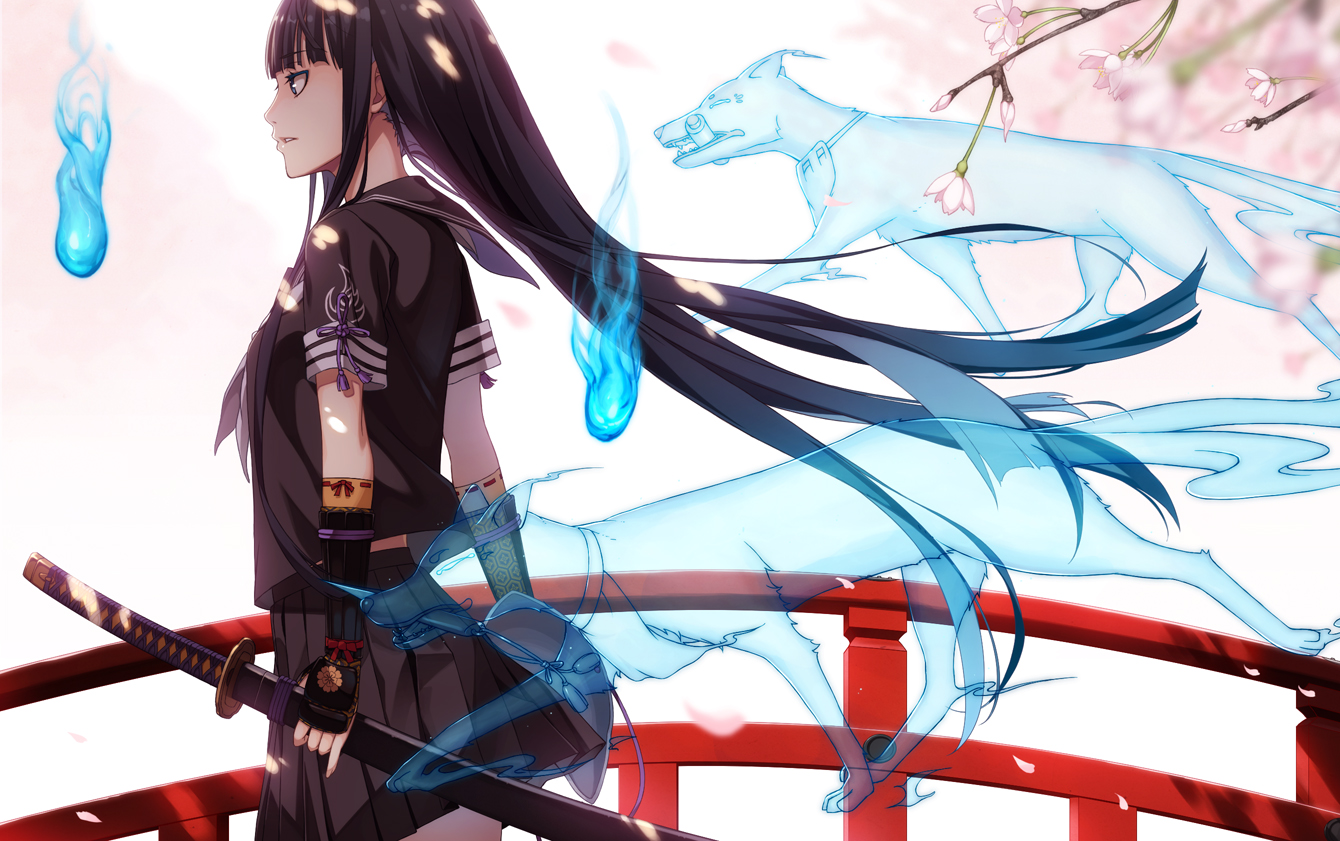 animal, black_hair, fox, katana, kimura_(ykimu), long_hair, original, school_uniform