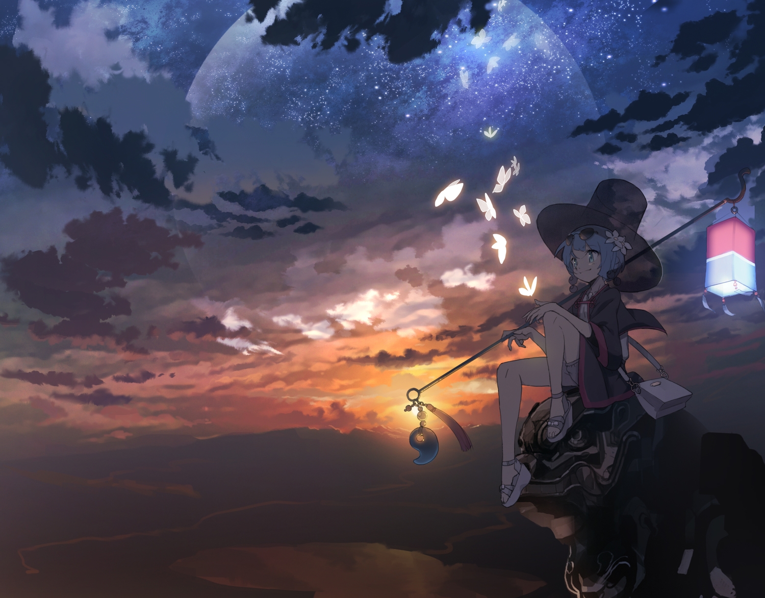 bek_ung, butterfly, crusaders_quest, hat, korin_(crusaders_quest), planet, short_hair, stars, sunglasses, sunset