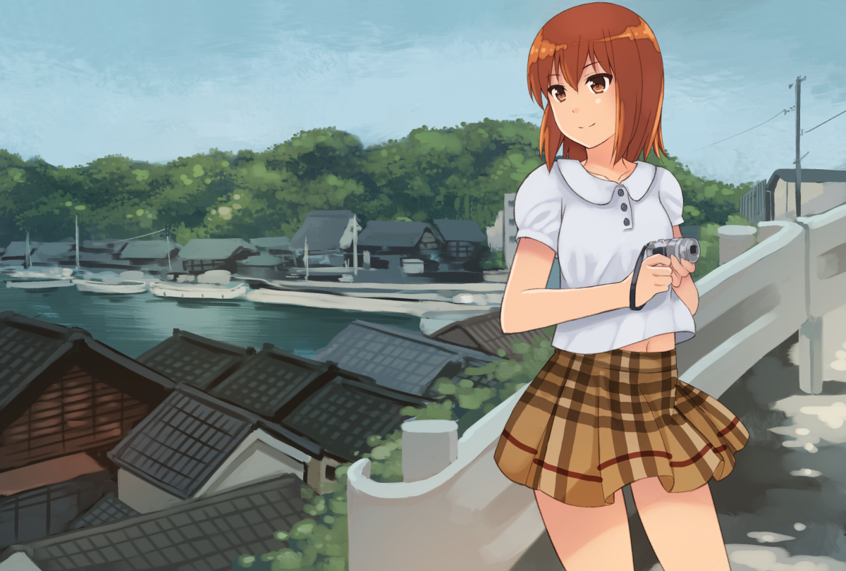 akatsuki_miho, akemiho_tabi_nikki, boat, brown_eyes, building, camera, kouno_hikaru, navel