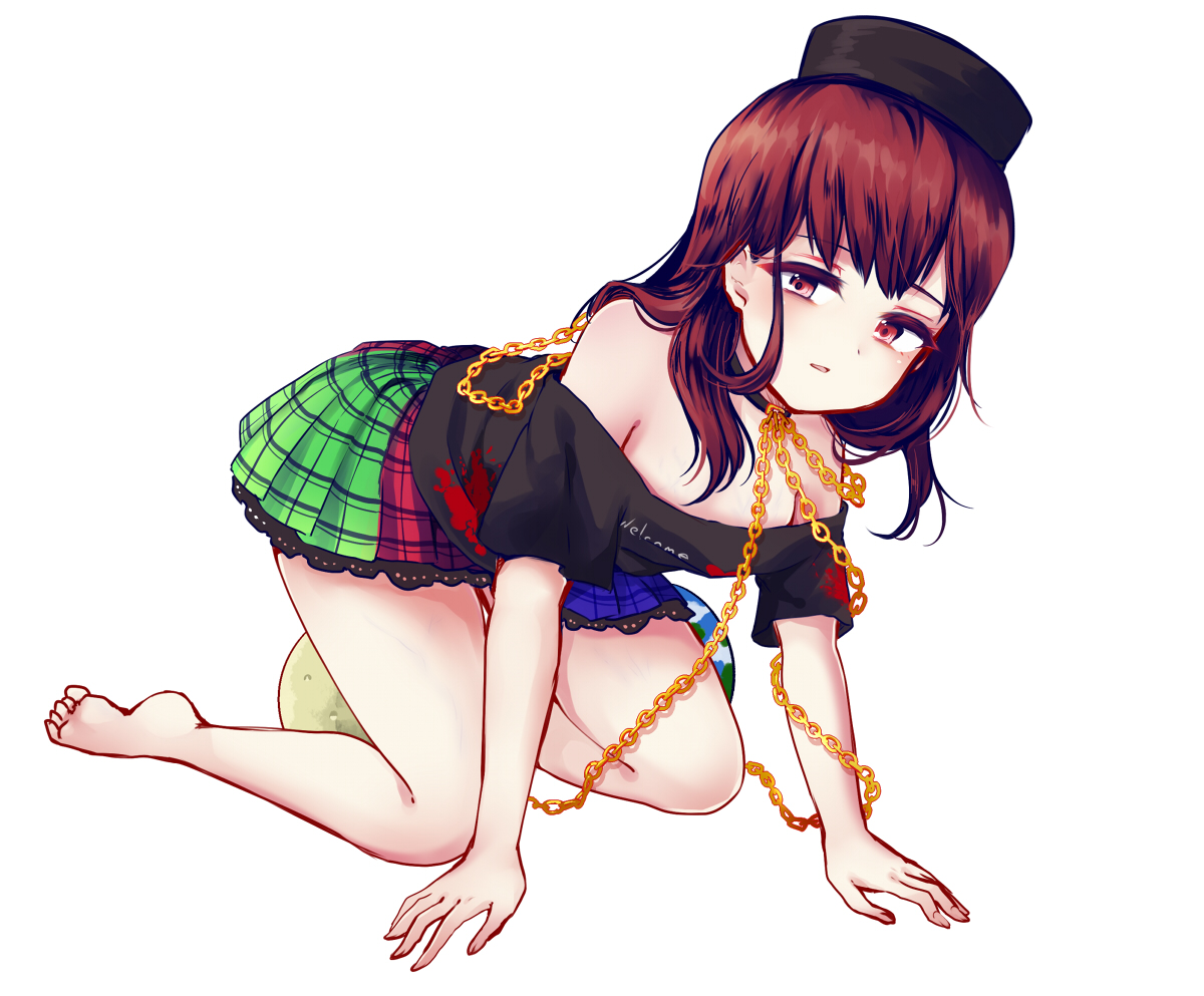 barefoot, brown_eyes, brown_hair, chain, collar, hat, hecatia_lapislazuli, skirt