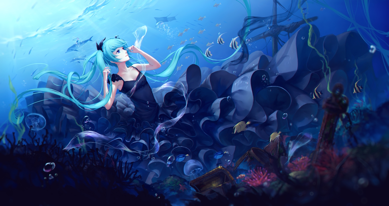 animal, aqua_eyes, aqua_hair, boat, bubbles, deep-sea_girl_(vocaloid), dress, fish