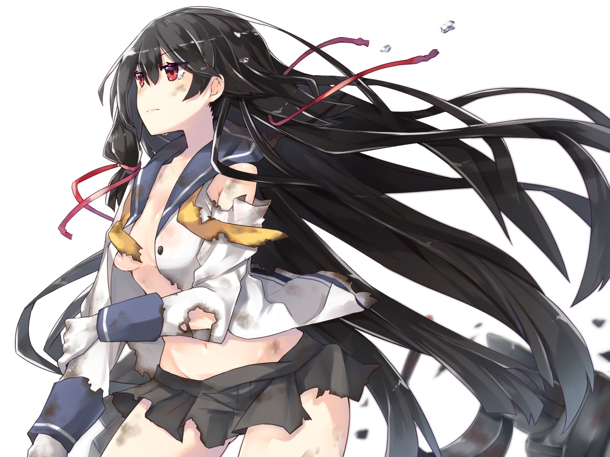 anthropomorphism, black_hair, isokaze_(kancolle), kantai_collection, long_hair, no_bra, open_shirt, red_eyes, sakofu, school_uniform, torn_clothes, white