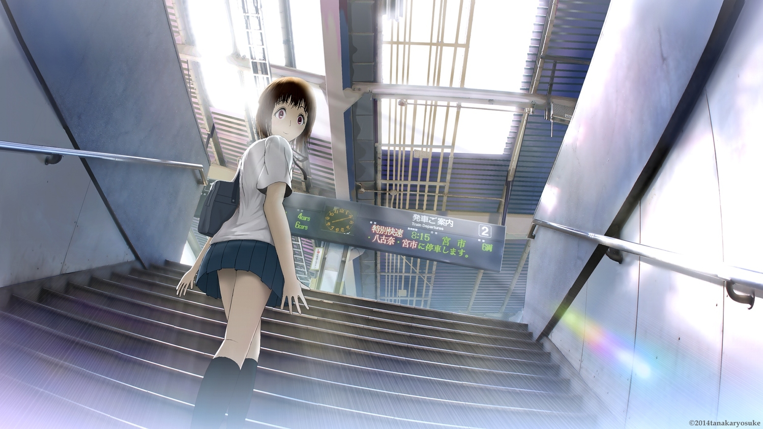 brown_eyes, brown_hair, kneehighs, original, school_uniform, short_hair, skirt, stairs