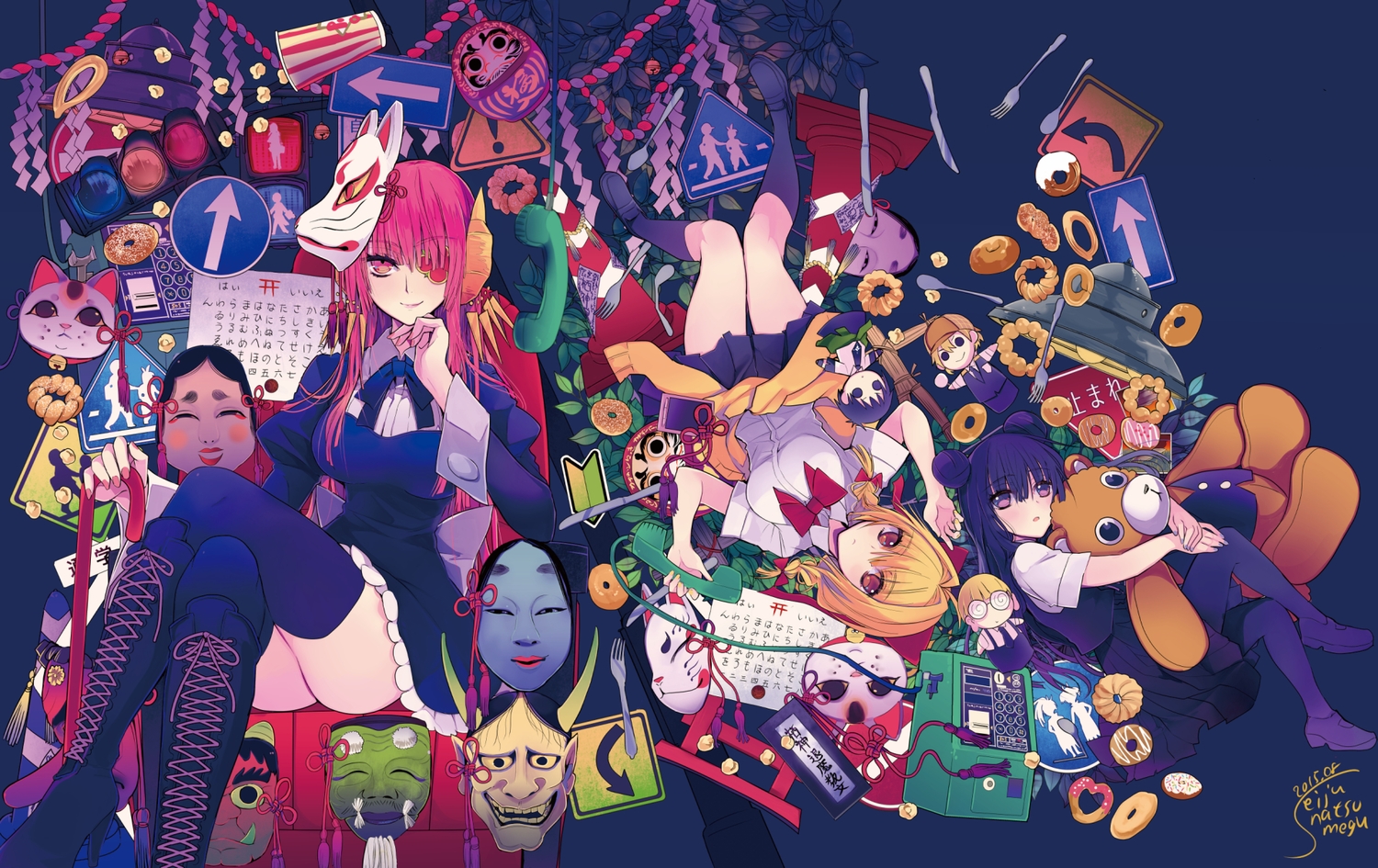 black_hair, blonde_hair, brown_eyes, doll, eyepatch, food, long_hair, mask, original, pantyhose, pink_eyes, pink_hair, purple_eyes, school_uniform, seiju_natsumegu, signed, teddy_bear, thighhighs