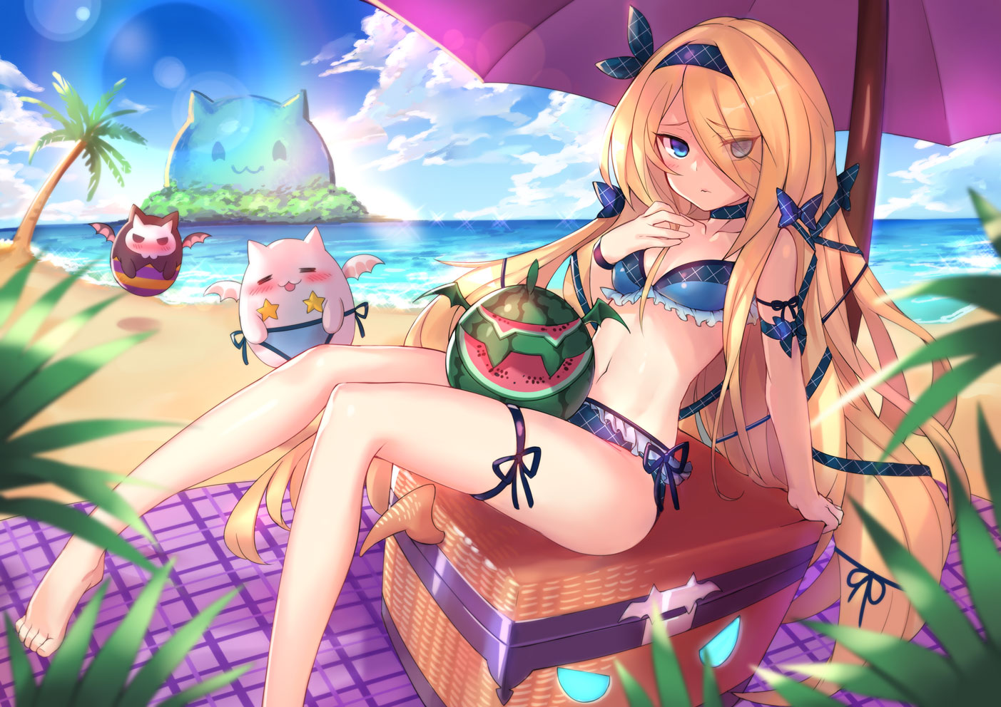 aqua_eyes, barefoot, beach, bikini, blonde_hair, bow, cat_smile, choker, food, fruit, garter, headband, jpeg_artifacts, leaves, long_hair, pandora_(p&d), puzzle_&_dragons, ribbons, shennai_misha, summer, swimsuit, umbrella, water, watermelon, wings