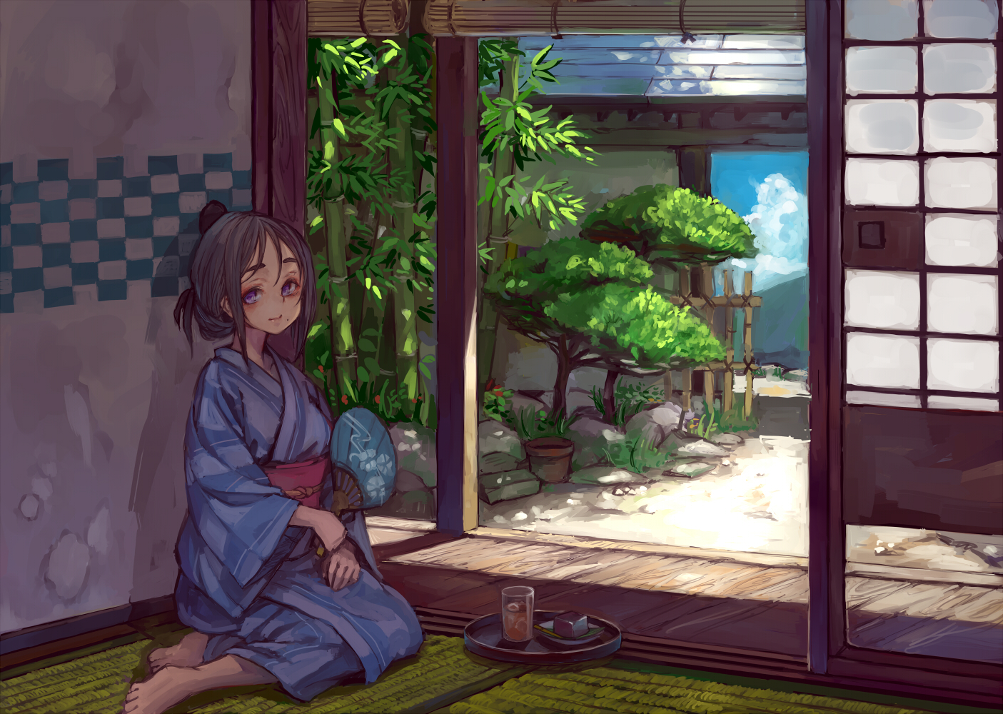 barefoot, drink, fan, food, japanese_clothes, kimono, original, purple_eyes
