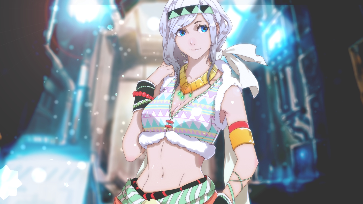 blue_eyes, breasts, cleavage, gray_hair, headband, navel, okuto, original