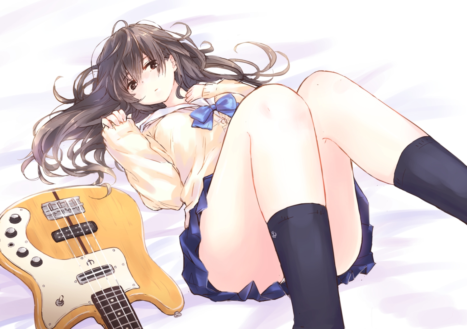 bass, bed, brown_eyes, brown_hair, instrument, long_hair, matsuda_hikari, original, school_uniform, skirt