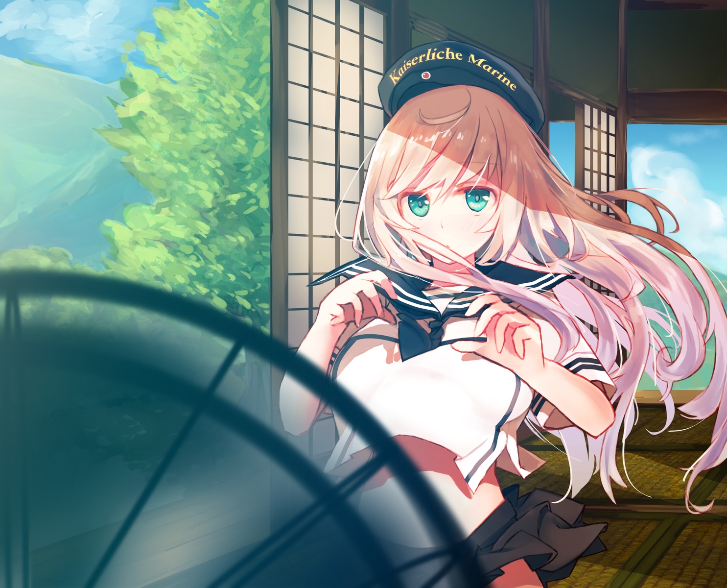 aqua_eyes, blonde_hair, comrade_stalin, fan, hat, long_hair, original, school_uniform, skirt