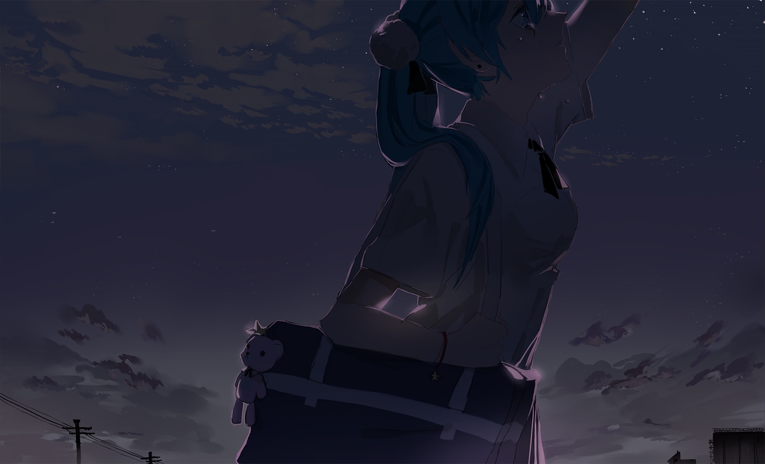 clouds, dark, hatsune_miku, long_hair, night, school_uniform, sky, stars, tears, vocaloid, wristwear, xiayu93