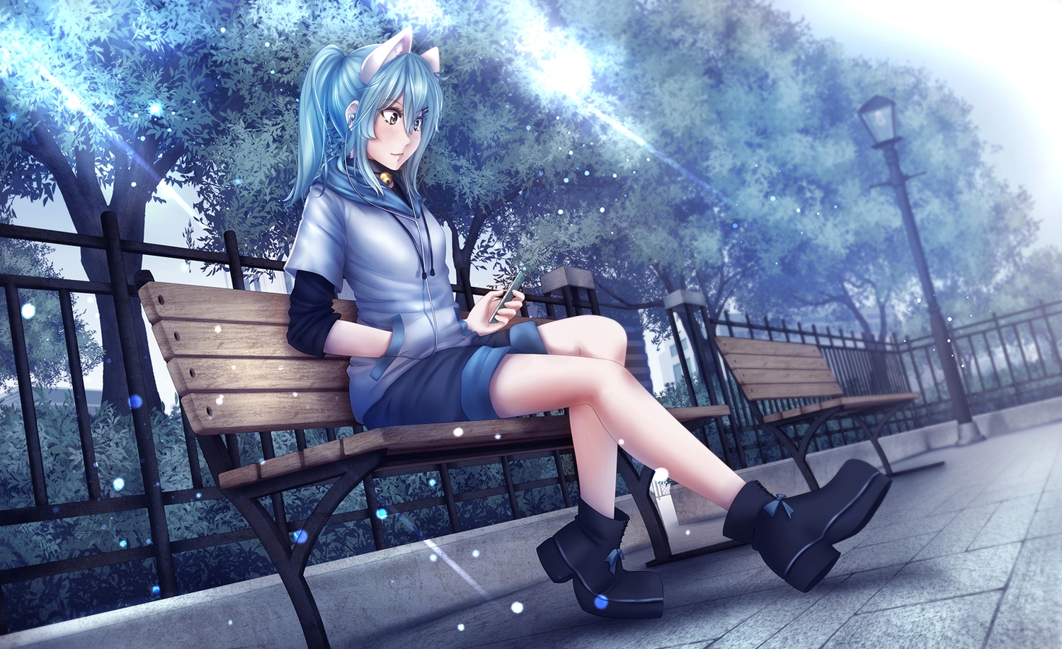 animal_ears, bell, blue_hair, boots, headphones, long_hair, mochi_(chain_csn), original