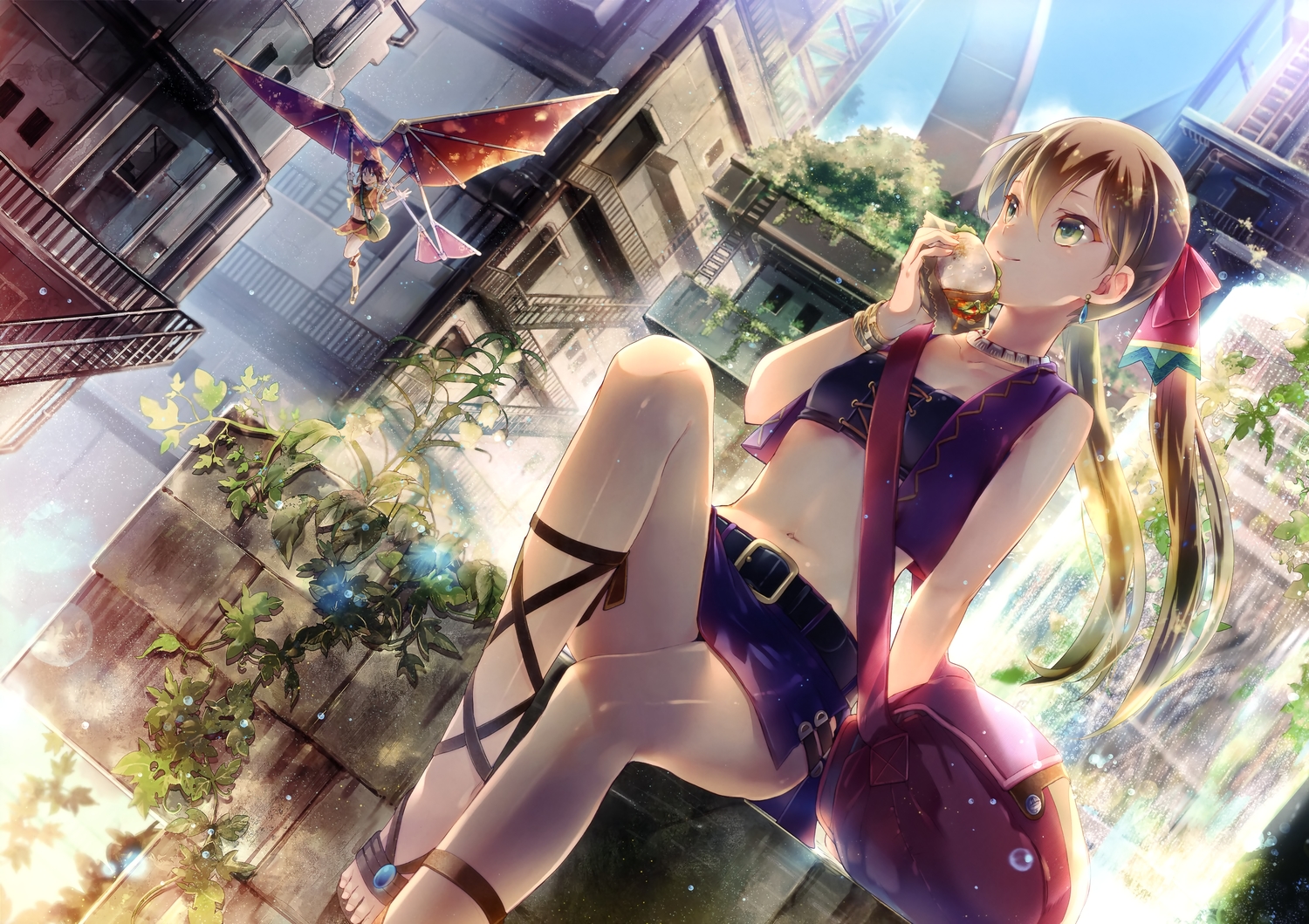 aircraft, amy_(suisei_no_gargantia), bikini_top, bow, brown_hair, building, city, collar, food, green_eyes, leaves, melty_(suisei_no_gargantia), miyuki_ruria, navel, scan, scenic, skirt, suisei_no_gargantia, twintails, water, wristwear