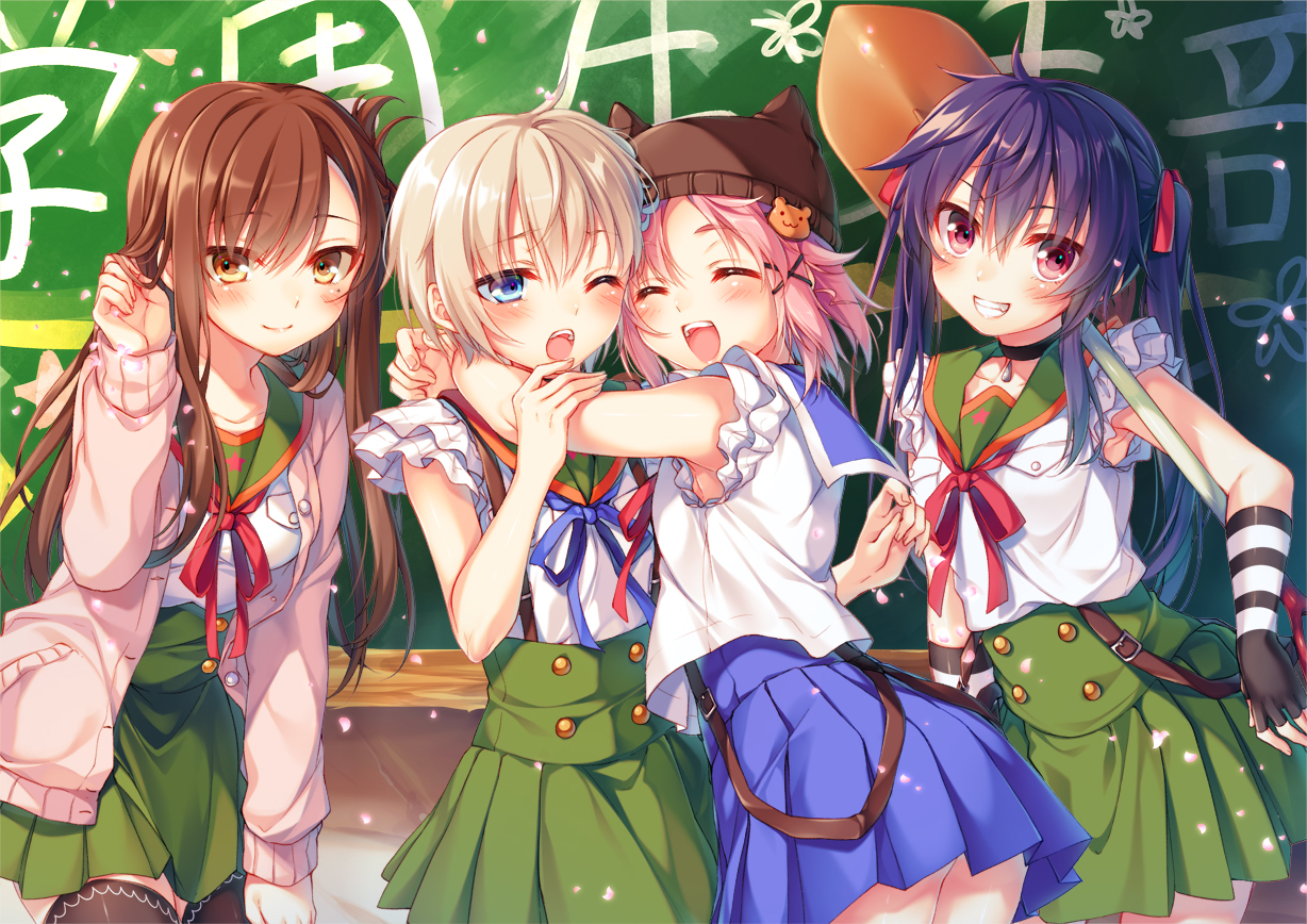 blonde_hair, blue_eyes, blush, brown_hair, choker, ebisuzawa_kurumi, gakkou_gurashi!, group, hat, long_hair, naoki_miki, pink_eyes, pink_hair, purple_hair, school_uniform, short_hair, takeya_yuki, toosaka_asagi, twintails, wakasa_yuuri, wink, yellow_eyes