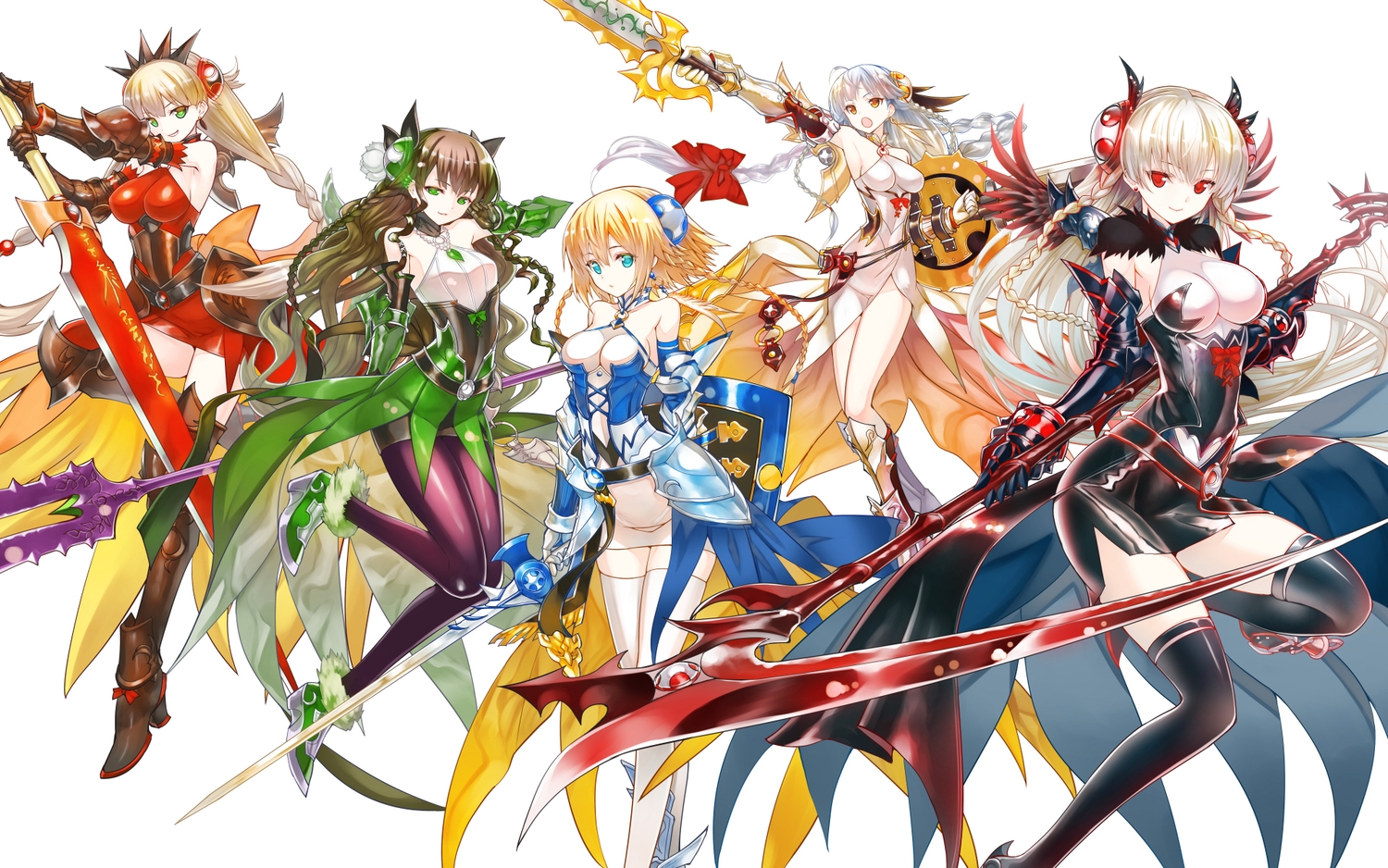 achunchun, aqua_eyes, armor, blonde_hair, braids, brown_hair, green_eyes, headdress