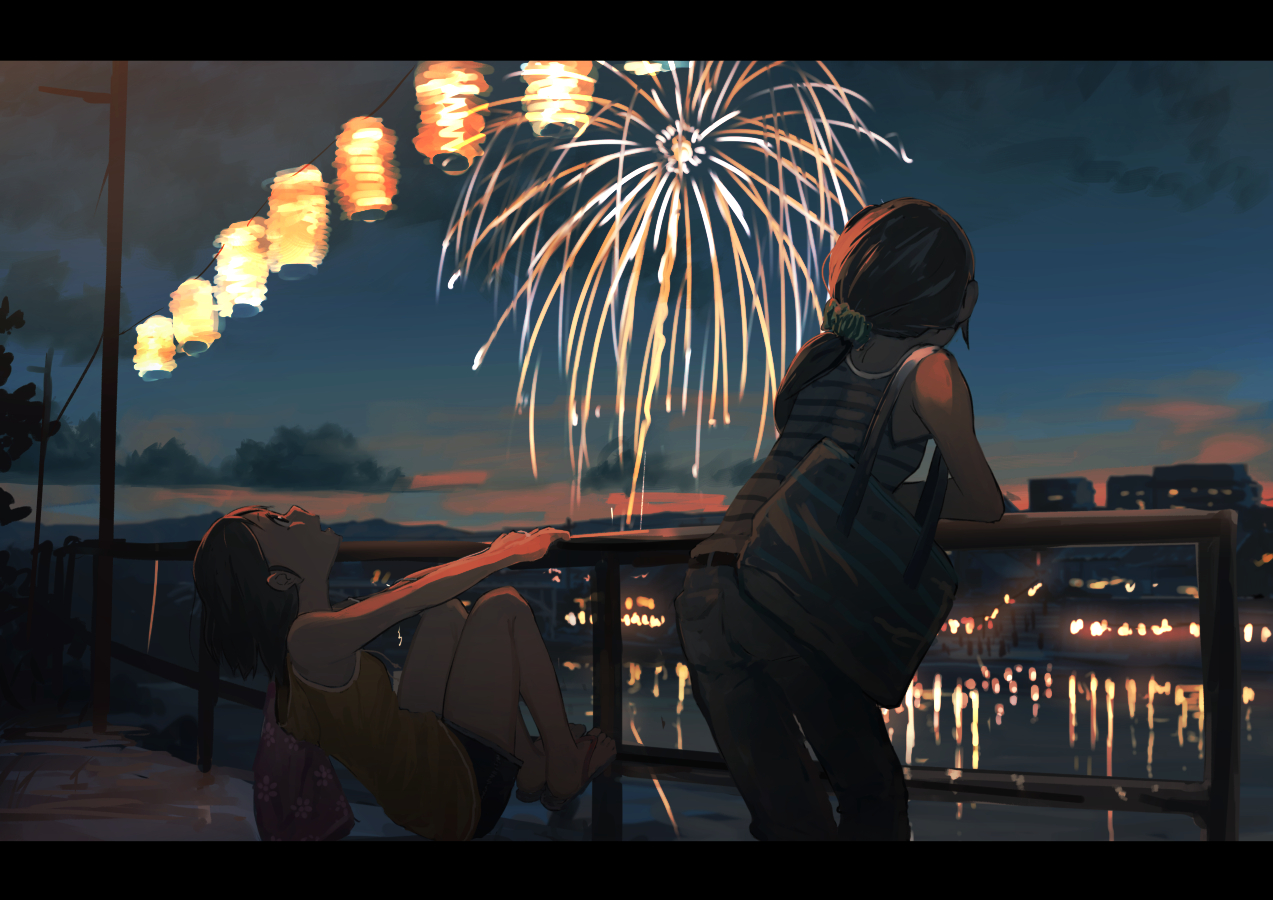 2girls, fireworks, inami_hatoko, night, original, ponytail, shorts